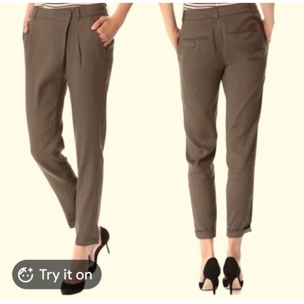 Vince Ankle Pants Olive Army Green Linen Viscose Button Size 4 Tapered Leg